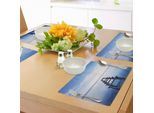 Abakuhaus Tovagliette Paesaggio, Vecchio Molo Sul Lago Con Cielo Blu, Orizzonte, Paesaggio, Natura Tranquilla, Tiscjdeco In Tessuto Resistente Al Lavaggio Per Sala Da Pranzo E Cucina, Bianco, Marrone, Blu