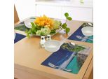 Tovagliette Abakuhaus Ocean, Una Passerella Di Legno Sulla Spiaggia Con Palme Sotto Un Cielo Scuro, Scena Paradisiaca Hawaiana, Tiscjdeco In Tessuto Resistente Ai Colori Per La Sala Da Pranzo E La Cucina, Verde Turchese