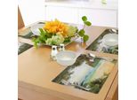 Tovagliette Abakuhaus Ocean, Palme, Alberi Di Cocco E Onde Dell'oceano Su Un'immagine Paradisiaca Di Un'isola Con Spiaggia, Tiscjdeco In Tessuto Resistente Al Colore Per La Sala Da Pranzo E La Cucina, Verde Marrone Crema