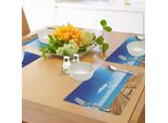Tovagliette Abakuhaus Con Motivo Paesaggistico, Vista Sul Mare Dal Molo Sotto Un Cielo Estivo Limpido E Nuvoloso, Stampa A Tema Spiaggia, Tiscjdeco In Tessuto Resistente Al Lavaggio Per La Sala Da Pranzo E La Cucina, Bianco, Marrone, Blu