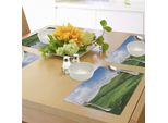 Abakuhaus Tovagliette Rustiche, Pecore Sotto Il Cielo Blu - Alberi - Prati - Altipiani - Natura - Paesaggio - Immagine, Tiscjdeco In Tessuto Resistente Al Colore Per La Sala Da Pranzo E La Cucina, Bianco Verde