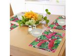 Tovagliette Abakuhaus Flamingo, Fenicotteri Appollaiati Su Foglie Esotiche Macro-Tropicali, Grafica In Stile Retrò, Tovaglietta Decorativa In Tessuto Resistente Ai Colori Per La Sala Da Pranzo E La Cucina, Verde Rosa.