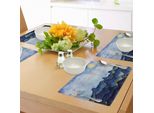 Abakuhaus Tovagliette Paesaggio, Colline Sotto Un Cielo Fiabesco E Nuvoloso Con Il Riflesso Della Stampa Paesaggistica Chiara Come La Luna, Tiscjdeco In Tessuto Resistente Al Colore Per La Sala Da Pranzo E La Cucina, Giallo Blu