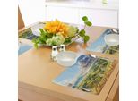 Abakuhaus Tovagliette Rustiche, Estate Paesaggio Rurale Con Grano E Piccole Case Di Campagna In Stile Valley, Tiscjdeco In Tessuto Resistente Al Lavaggio Per La Sala Da Pranzo E La Cucina, Bianco Verde Blu
