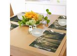 Tovagliette Abakuhaus Wald, Raggi Di Sole Mattutini Che Filtrano Attraverso Gli Alberi, Panorama Estivo, Tiscjdeco In Tessuto Resistente Al Lavaggio Per La Sala Da Pranzo E La Cucina, Beige, Nero, Verde
