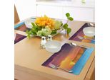 Tovagliette Abakuhaus Ocean, Drammatico Tramonto Estivo Sul Mare Con Enorme Scogliera Colori Vivaci Immagine Nuvolosa, Tiscjdeco In Tessuto Resistente Al Lavaggio Per La Sala Da Pranzo E La Cucina, Viola Giallo Blu