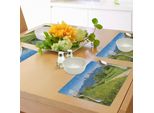 Tovagliette Abakuhaus Berg, Paesaggio Primaverile Nelle Alpi Con Fiori Ed Erba E Cime Innevate In Un Villaggio Rurale, Tiscjdeco In Tessuto Resistente Ai Colori Per La Sala Da Pranzo E La Cucina, Multicolore