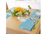 Tovagliette Da Spiaggia Abakuhaus, Illustrazione Con Stampa Estiva Raffigurante Roulotte, Costa, Nuvole E Gabbiani, Tiscjdeco In Tessuto Resistente Ai Colori Per La Sala Da Pranzo E La Cucina, Giallo Acquamarina