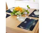 Tovagliette Abakuhaus Ocean, La Luna Piena Si Riflette Sulla Superficie Sea Mond Rays, Stampa Notturna Con Cielo Stellato, Tiscjdeco In Tessuto Resistente Al Lavaggio Per Sala Da Pranzo E Cucina, Nero