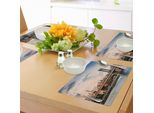 Tovagliette Abakuhaus New York, Manhattan Bridge E Lo Skyline Di New York Al Tramonto East River Highrise Buildings, Tiscjdeco In Tessuto Resistente Ai Colori Per La Sala Da Pranzo E La Cucina, Multicolore