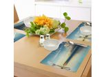 Tovagliette Abakuhaus Ocean, Panorama Del Lago Tramonto-Tramonto-Riflesso-Orizzonte-Nuvole Scure-Immagine Naturale, Sottobicchieri In Tessuto Lavabile Decorazione Da Tavola Con Stampa, Blu Verde Acqua
