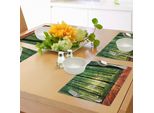 Tovagliette Abakuhaus Wald, Alberi Immagine Della Foresta Con Raggi Di Sole Interni Come Sfondo Stampa Artistica Su Pavimento In Legno, Decorazione Da Tavolo In Tessuto Resistente Al Colore Per La Sala Da Pranzo E La Cucina, Verde Marrone