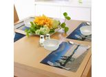 Abakuhaus Tovagliette Paesaggistiche, Paradise Beach Con Alberi Sul Fiume Dopo L'alba Romantica Foto Di Un Paesaggio Tranquillo, Tiscjdeco In Tessuto Resistente Al Colore Per La Sala Da Pranzo E La Cucina, Crema Blu