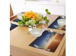Tovagliette Abakuhaus Ocean, Tramonto Cielo Con Luna E Stelle Orizzonte Paesaggio Fantasy View Artwork Print, Tiscjdeco In Tessuto Resistente Al Colore Per Sala Da Pranzo E Cucina, Arancione Giallo