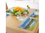 Abakuhaus Tovagliette Paesaggio, Paesaggio Montano Con Bosco E Lago In Un Cielo Soleggiato E Nuvoloso, Estate, Natura, Tiscjdeco In Tessuto Resistente Al Colore Per La Sala Da Pranzo E La Cucina, Bianco Verde Blu