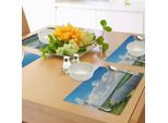 Tovagliette Abakuhaus Natur, Nuvole Su Un Paesaggio Fluviale In Movimento Con Prati Rigogliosi, Cielo Sereno, Ora Diurna, Tiscjdeco In Tessuto Resistente Al Lavaggio Per La Sala Da Pranzo E La Cucina, Bianco Verde Blu