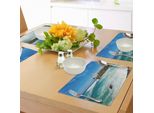 Tovagliette Abakuhaus Con Motivo Faro, Faro Su Un'isola Tropicale Con Palme Che Ondeggiano Sulla Costa Ondulata, Spiaggia E Oceano, Tiscjdeco In Tessuto Resistente Ai Colori Per La Sala Da Pranzo E La Cucina, Bianco Verde Blu
