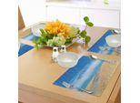 Tovagliette Da Spiaggia Abakuhaus, Sentiero Di Legno Su Una Spiaggia Paradisiaca Nascosta Tra Le Dune Di Sabbia Per Rilassarsi E Fotografare Le Conchiglie, Tiscjdeco In Tessuto Resistente Al Lavaggio Per La Sala Da Pranzo E La Cucina, Blu Crema