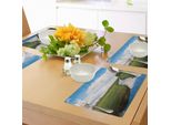 Abakuhaus Tovagliette Paesaggio, Riflettenti, Tranquillità, Paesaggio Fluviale, Prato, Erba, Nuvole, Fiori Selvatici, Alberi, Arbusti, Tiscjdeco In Tessuto Resistente Al Colore Per La Sala Da Pranzo E La Cucina, Bianco, Verde, Blu