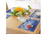 Abakuhaus Tovagliette Nautiche, Veliero Con Sole E Nuvole Nella Nebbia, Motivo Ondulato, Tiscjdeco In Tessuto Resistente Al Lavaggio Per La Sala Da Pranzo E La Cucina, Arancione Bianco Blu