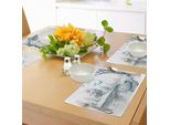 Abakuhaus Tovagliette Paesaggio, Barca Su Fiume Tranquillo - Albero - Uccello - Ramo - Schizzi - Disegni - Clipart - Acqua - Minimalista, Tiscjdeco In Tessuto Resistente Al Lavaggio Per Sala Da Pranzo E Cucina, Bianco Verde Blu