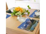 Abakuhaus Tovagliette Paesaggio, Cima Innevata, Fiume Impetuoso, Pini, Erba, Nuvole, Arbusti, Tiscjdeco In Tessuto Resistente Al Colore Per La Sala Da Pranzo E La Cucina, Bianco, Verde, Verde, Blu