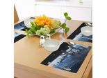 Tovagliette Abakuhaus Space Shuttle E Station View Avventura Dei Cosmonauti Su Myst Globe Orbit Off, Tiscjdeco In Tessuto Resistente Ai Colori Per La Sala Da Pranzo E La Cucina, Blu Grigio Nero