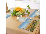 Abakuhaus Tovagliette Saguaro, Sun Bath Nel Deserto Di Sonora Cactus In Fiore Primavera Vegetazione Paesaggio, Tiscjdeco In Tessuto Resistente Ai Colori Per La Sala Da Pranzo E La Cucina, Calendula Verde Blu