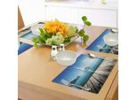 Abakuhaus Tovagliette Nautiche, Yacht Con Ponte In Legno Horizon Serenity Seascape Tema Acquatico Costiero Per Il Tempo Libero, Tiscjdeco In Tessuto Resistente Al Colore Per La Sala Da Pranzo E La Cucina, Marrone Blu