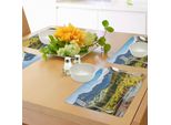 Abakuhaus Tovagliette Paesaggistiche, Mountain Vista Thick Forest Trees Fiume Di Montagna - Erba Sky Valley Nuvoloso, Tiscjdeco In Tessuto Resistente Ai Colori Per La Sala Da Pranzo E La Cucina, Multicolore