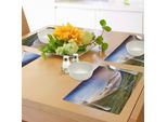 Abakuhaus Tovagliette Paesaggio, Prato Sereno Con Stretto Letto Del Fiume Montagne Arcobaleno Erba Nuvole Nebbia Diurna, Tiscjdeco In Tessuto Resistente Al Colore Per La Sala Da Pranzo E La Cucina, Multicolore