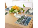 Tovagliette Abakuhaus Waterfall, Paesaggio Majestic Waterfall Attraverso Una Finestra Imaginary Secret Paradise Print, Tiscjdeco In Tessuto Resistente Al Lavaggio Per La Sala Da Pranzo E La Cucina, Verde Blu