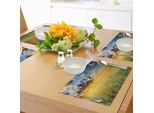 Abakuhaus Tovagliette Con Papaveri, Vista Rinfrescante Del Cielo Con Erba E Papaveri Sullo Sfondo Di Un Tramonto All'orizzonte, Tiscjdeco In Tessuto Resistente Al Colore Per La Sala Da Pranzo E La Cucina, Verde Blu Rosso