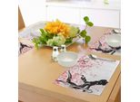 Tovagliette Abakuhaus Con Motivi Floreali, Fiori Di Ciliegio Giapponese In Stile Acquerello Con Effetto Artistico Orientaleggiante, Tiscjdeco In Tessuto Resistente Ai Colori Per La Sala Da Pranzo E La Cucina, Nero Rosa