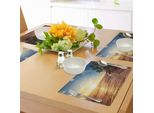 Abakuhaus Tovagliette Tropicali, Palme Su Spiaggia Tropicale, Alba, Panorama Mattutino, Natura, Tiscjdeco In Tessuto Resistente Al Lavaggio Per Sala Da Pranzo E Cucina, Giallo Marrone Blu