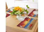 Abakuhaus Tovagliette Tropicali, Illustrazione Caricaturale Tramonto, Spiaggia, Estate, Stella Marina, Palma, Oceano, Arte Fantasy, Tiscjdeco In Tessuto Resistente Al Lavaggio Per Sala Da Pranzo E Cucina, Giallo Blu Rosso