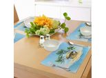 Abakuhaus Tovagliette Tropicali, Bungalow Tropicale In Legno Tre Palme Su Una Piccola Isola Disegno Cartoon, Tiscjdeco In Tessuto Resistente Al Colore Per La Sala Da Pranzo E La Cucina, Beige Verde Acquamarina