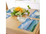 Tovagliette Abakuhaus A Tema Nautico, Raffiguranti Una Nave Nel Mondo Acquatico Con Un Paesaggio Di Nuvole Soffici E Luci Diurne, Decorazioni Da Tavola In Tessuto Resistente Ai Colori Per La Sala Da Pranzo E La Cucina, Blu.