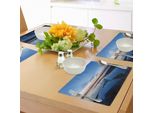 Tovagliette Abakuhaus Yellowstone, Lago Orizzonte Cielo Limpido Madre Terra Natura Simbolo Ast Alba Immagine, Tiscjdeco In Tessuto Resistente Al Lavaggio Per Sala Da Pranzo E Cucina, Arancione Blu