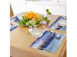 Tovagliette Invernali Abakuhaus, Paesaggio Invernale Surreale Con Alte Cime Montuose E Conifere Innevate, Tiscjdeco In Tessuto Resistente Al Lavaggio Per La Sala Da Pranzo E La Cucina, Bianco E Blu