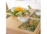 Tovagliette Giapponesi Abakuhaus, Ombre Del Grande Acero Insieme Al Fiume Con Raggi Di Sole Che Cadono, Tema Stagionale Naturale, Tiscjdeco In Tessuto Resistente Al Lavaggio Per La Sala Da Pranzo E La Cucina, Giallo Verde