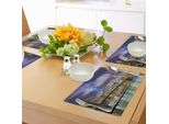 Abakuhaus Tovagliette Paesaggio, Skyline Di Manhattan Con Il Ponte Di Brooklyn E Le Torri Di New York, Stati Uniti D'america, Tiscjdeco In Tessuto Resistente Al Lavaggio Per La Sala Da Pranzo E La Cucina, Viola Verde