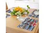 Abakuhaus Tovagliette Inghilterra, Inghilterra City Red Cabina Telefonica Clock Tower Bridge Bandiera Britannica Con Fiori, Tiscjdeco In Tessuto Resistente Al Lavaggio Per La Sala Da Pranzo E La Cucina, Blu Rosso