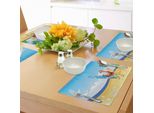 Abakuhaus Tovagliette Natalizie, Babbo Natale Sulla Spiaggia Con Tavola Da Surf - Festa Estiva - Arte Tropicale, Tiscjdeco In Tessuto Resistente Ai Colori Per La Sala Da Pranzo E La Cucina, Giallo Blu