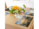 Tovagliette Abakuhaus Ocean, Vista Sul Mare Del Mediterraneo Dalla Terrazza In Legno - Balcone - Recinzioni - Vita Vacanziera - Foto, Tiscjdeco In Tessuto Resistente Ai Colori Per La Sala Da Pranzo E La Cucina, Multicolore