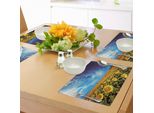 Tovagliette Abakuhaus Con Motivo Girasole, Foto Del Campo Di Girasoli Con Skyline Estivo E Natura, Tiscjdeco In Tessuto Resistente Al Lavaggio Per Sala Da Pranzo E Cucina, Giallo E Blu