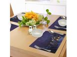 Abakuhaus Tovagliette Natalizie, Paesaggio Invernale Con Casa E Albero Disegnati Di Notte Arte Concettuale A Tema Familiare, Stampa Digitale Su Tessuto Lavabile Decorazioni Per La Tavola Cucina, Viola Blu