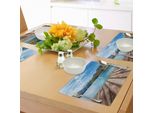 Abakuhaus Tovagliette Berg, Cime Innevate Di Old Wood Deck Pier Di Sea Idyllic Calm Coastal Charme, Tiscjdeco In Tessuto Resistente Ai Colori Per La Sala Da Pranzo E La Cucina, Marrone Blu