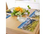 Tovagliette Abakuhaus Berg, Village View Con Cime Montuose E Prato Artwork Delle Alpi Nord Europee, Tiscjdeco In Tessuto Resistente Ai Colori Per La Sala Da Pranzo E La Cucina, Verde E Grigio