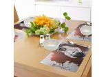 Tovagliette Abakuhaus Space, Simpatico Gattino Cosmonauta Sul Pianeta Terra Su Sfondo Colorato Dal Design Surreale, Tiscjdeco In Tessuto Resistente Ai Colori Per La Sala Da Pranzo E La Cucina, Bianco Rosso